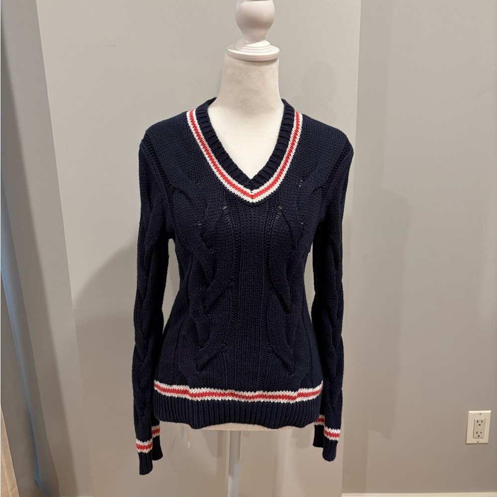 Brooks Brothers Navy V-Neck Sweater with Red and White Trim